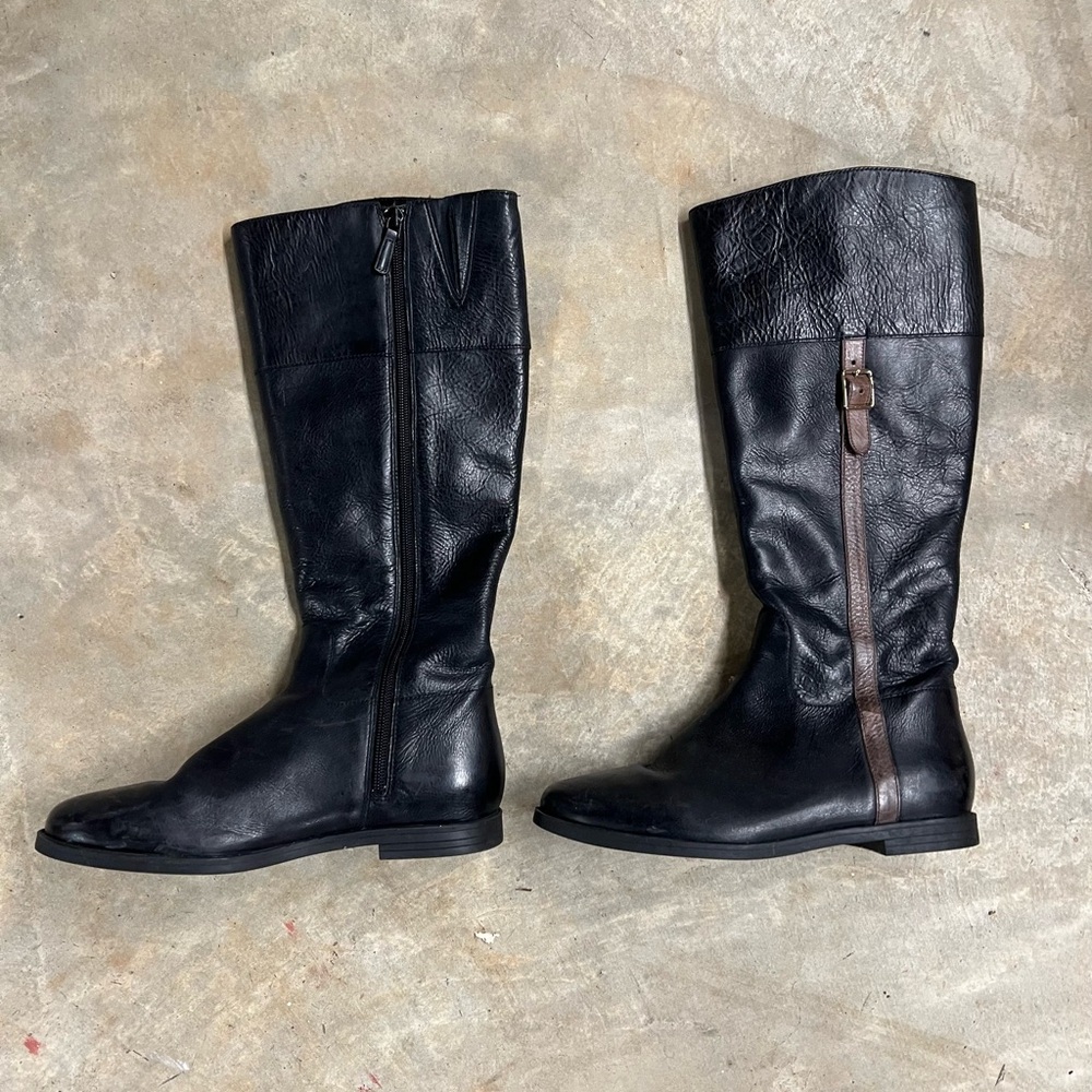 Cole Haan Black Leather Knee-High Boots with Brown Accent Size 6.5